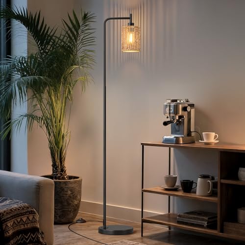 Image of Oneach 66 inch Black Floor Lamp for Living Room, Boho Floor Lamp with LED Bulb, Rattan Shade, Foot Switch, Industrial Tall Standing Lamp for Bedroom, Dining Room, Study Room, Office