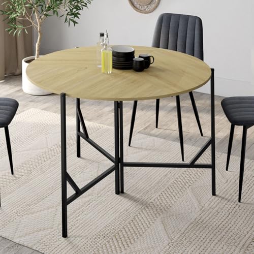 IDMarket - Table à Manger Pliante Ronde Yael 4 Personnes Bois et Noir Design Industriel 110 cm