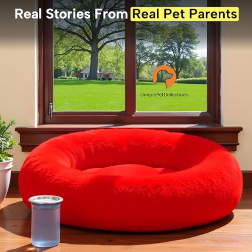 Image of Fabric Fluffy Washable Waterproof Dog Bed For Summer | Large Size Round Pet Bed For Golden Retriever, Labrador, Pug, Beagle | Anti-Skid, Soft & Cozy For All Breeds (Red, XXL)