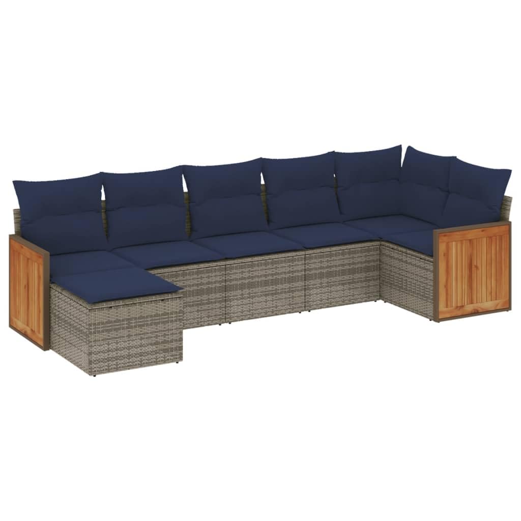 7-częściowy zestaw mebli ogrodowych z poduszkami, szary polirattan, meble ogrodowe na balkon, do wypoczynku i do ogrodu, na zewnątrz, wygodna sofa outdoorowa z trwałego materiału