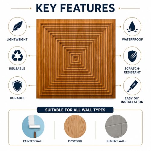 Image of Kayra Decor 3D PVC Wall Panels for Bedroom & Living Room | Pryamid Design |Teak Wood Color | 19.7 x 19.7 Inch | Pack of 12 | 32.28 Sq Ft