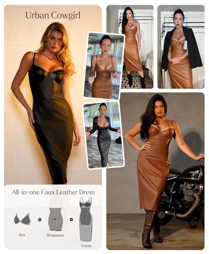 Popilush Corset Shapewear Dress Faux Leather Club Midi Dress V Neck Night Out Bodycon Dresses for Women2