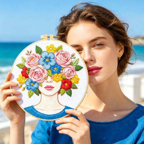 Image of BEUNITONE 4 Set Embroidery Kits for Beginners Adult with Pre-Print Pattern | 7.9x7.9 inch Include Embroidery Cloth Hoops Threads for Craft Lover, Beautiful Flower Lady Pattern for Women Home Decor
