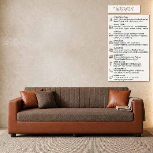 Image of Double Tone 3 Seater Sofa Couch, Upholstered Fabric & Faux Leather Sofa with Channeled Backrest, Living Room with Solid Wood Frame & Pillows, 189 cm (74 inch) Brown and Tan