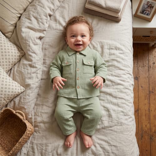 Image of VISGOGO Toddler Boy Linen Outfit Baby Boy Fall Winter Clothes Set Button-Down Shirt Tops Cotton Linen Pants 2PCS