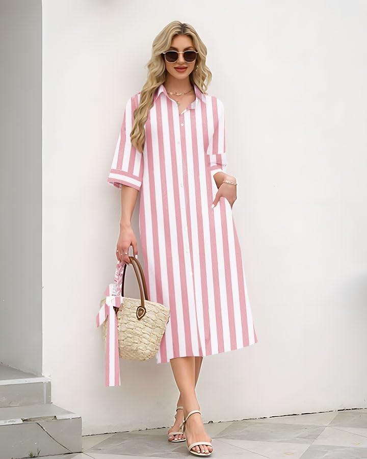 Womens Shirt Dresses Striped Lapel 3/4 Sleeve Maxi Dress Button Down Split Belted - Image 6