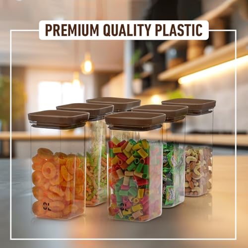 Image of 1100 ML Push Up Airtight Container Set of 6 | Transparent Square Plastic Storage Jars with Black Push-Up Lid | BPA-Free Kitchen Dabba for Snacks, Dry Fruits, Grains & Pantry Organization