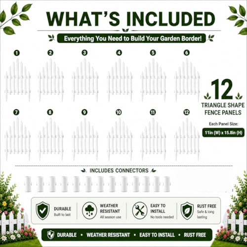Image of TAZLYN Fence for Garden Edging Border Fencing for Garden Fence Outdoor Plastic Resistant PVC Garden Fence Decorative - Flower Bed Fencing for Pathway, Yard, Lawn Lawn Pathway & Flower Beds (Pack 12)