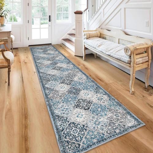 KILOCOCO 2x12 Runner Rug, Moroccan Super Soft Washable Hallway Entryway Runner Rug, Accent Print Faux Wool Kitchen Runner Non-Slip Boho Carpet for Laundry Room Bedroom, Blue/Multi