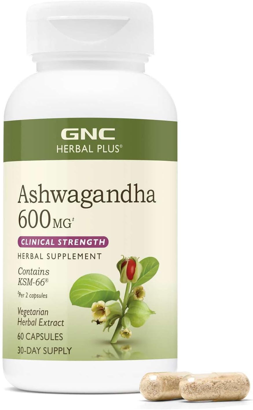 GNC Herbal Plus Ashwagandha 600mg Supplement, Clinical Strength, Vegetarian, Stress Relief Support, 30 Servings