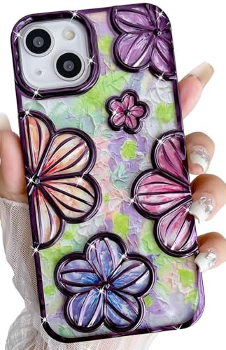 Image of mobistyle Designed for iPhone 15 Plus Phone Case | Electroplating Colorful Flower 3D Cover Soft TPU Camera Protection for Women Girls iPhone Case (Flower Purple)