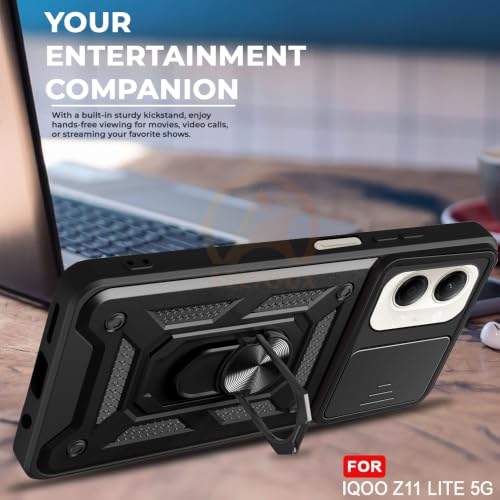 Image of Armor Bumper Back Cover Case for iQOO Z11 Lite 44W 5G Rotating Camera Cover, Ring Holder & Kickstand | Heavy Duty & 360 Degree Protection Back Cover for iQOO Z11 Lite 44W 5G (Black)