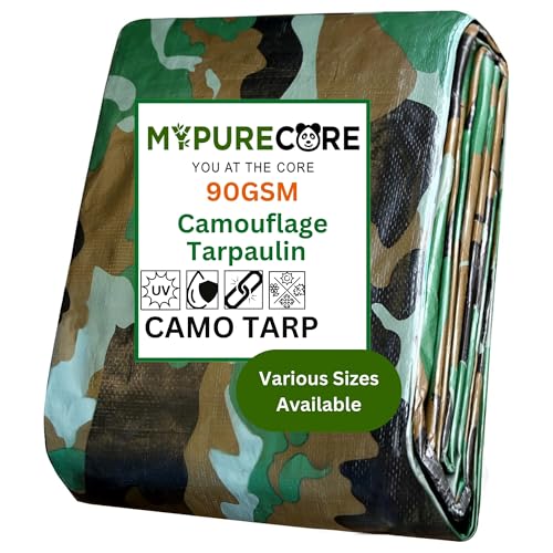 MYPURECORE Camouflage Tarpaulin – Multi-Use Tarp Sheet for Camping, Fishing, Bird Watching & Garden – Waterproof, UV Protective Cover for Rain Shelter, Groundsheet, Tent & Trailer (3m x 3m)