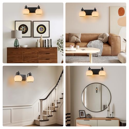 Image of 2 Light Modern Bathroom Light Fixtures Over Mirror (LED Bulbs Included), Black Vanity Lights for Bathroom Wall Sconces with Milky White Globe Glass Shades