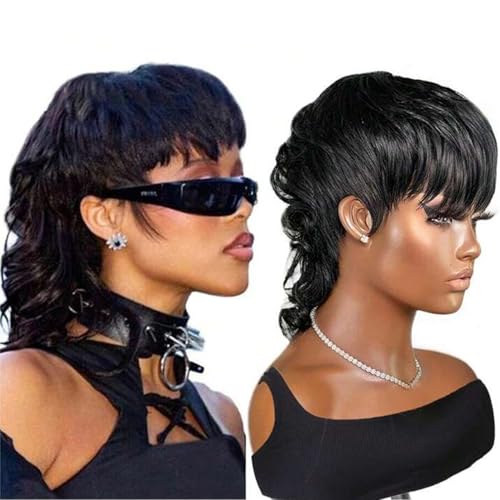 B-fashion Mullet Human Hair Wigs Pixie Cut Wig for Black Women 80s 90s Dovetail Haircut Curly...