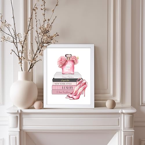 Image of Poster Master Fashion Print - Pink Designer Poster - Shoes & Perfume Art - Chic Gift for Her & Fashionista - Luxury Haute Couture Decor for Bedroom or Girl's Room - 8x10 White Framed