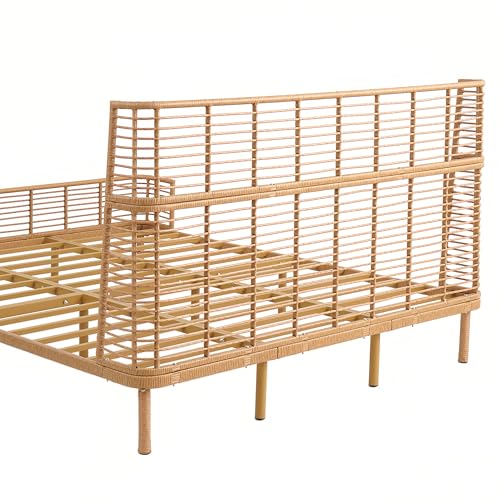 Image of Christopher Knight Home Lamar Boho Rattan King Bed Frame and Headboard, Farmhouse PE Wicker King Size Bed Frame, Metal King Platform Bed Frame, No Box Spring Needed, Easy Assembly, Natural Finish