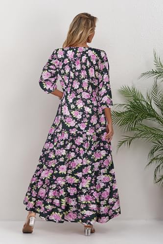 Image of Womens Boho Maxi Dress V Neck Short Sleeve Floral Print Sundress | Drawstring Waist, Flexible Fit, Breathable Loose Hem, Lightweight, Cool Summer Beachwear, Machine Washable.