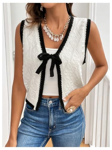 MakeMeChic Women's Contrast Binding Knit Sweater Vest Tie Front Sleeveless V Neck Crop Cardigan4