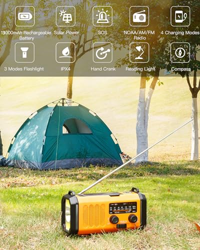 48100mWh/13000mAh Emergency Weather Radio, 4 Way Powered AM/FM/NOAA Portable Solar Crank Radio, Dynamo Phone Charger,700LM LED Flashlight/Reading Lamp,SOS,Compass for Hurricane Storm Camping Survival - Thumbnail 4