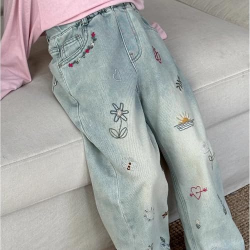 Kid Girl Jeans Graffiti Flower Butterfly Embroidery Denim Pants Straight Leg Elastic Waist Trousers with Pockets3