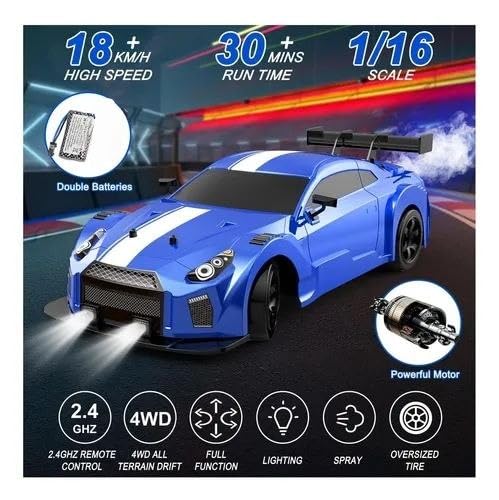 Image of RC Drift Car, Drifting RC Car 1 /16 2.4GHz 4WD Remote Control Cars, Rechargeable Drifting Cars 18KM /H+ High Speed RC Racing Vehicle with Spray Cool Lights Toy Car for Kids (RC Drift & Spray Car-Blue)
