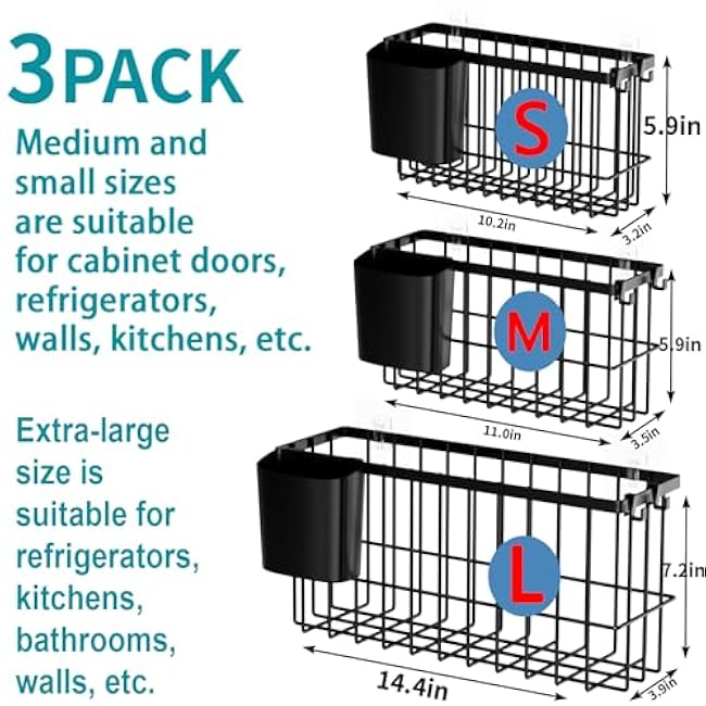 3 Pack Hanging Storage Basket Organizer, Adhesive Wall Mounted Metal Bins with Removable Cup, No-Drill for Kitchen, Fridge, Bathroom, Cabinet Door, Laundry