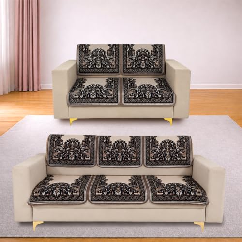 Image of Homerz Premium 'Maharaja Paradise Series' Sofa Cover | Net Fabric Sofa Cover | Washable, Anti-Dust Backed & Wrinkle Resistant Cover (Beige Empress, 5 (3+2) Seater, Seat Cover with Backrest)