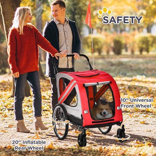 PawHut 2-in-1 Hundeanhänger & Hundebuggy, Hundefahrradanhänger Fahrradanhänger, Hundewagen mit Reflektoren für Mittelgroße Hunde bis 20 kg, Oxford-Gewebe, Rot