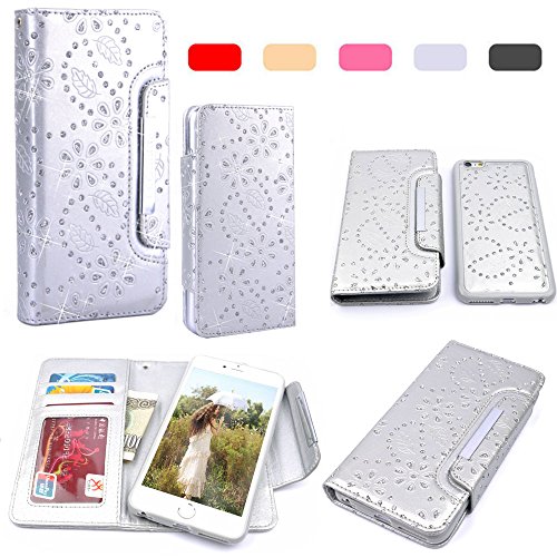 iPhone 6 Plus Case, iPhone 6S Plus Wallet, HESPLUS Bling Sparkle PU Leather Flip Folio [Detachable] Wallet Cover Magnetic with Card Slot Holder for iPhone 6 Plus/iPhone 6S Plus 5.5 Inch - Silver