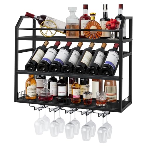 Image of Hoctieon Wall Mount Wine Rack, Wall Mounted Wine Bottle Rack for Display and Storage, Hanging Bottle Holder, for Living Room, Dining Room, Bar, Wine Cellar, Black