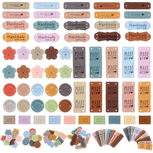 PEOVLVN 60Pcs Leather Tags for Handmade Items, Colorful Leather Labels Handmade with Love Tags Embossed Crochet Tag with Holes for DIY Crafts Knitting Shoes Hat Clothes Accessories
