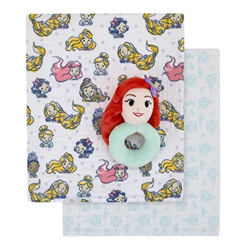 Disney Princess White, Pink, Yellow, And Aqua 2Pk 100% Cotton 44" X 44" Muslin Swaddles With Ariel Plush Rattle #TOP1