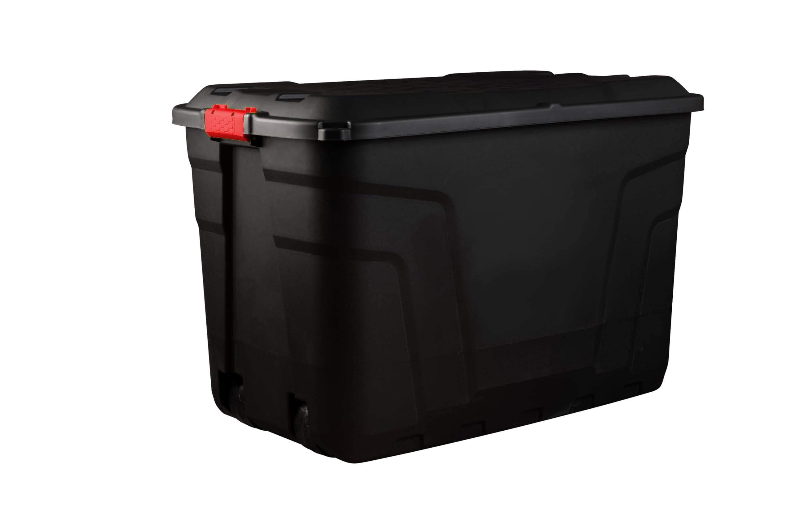 Strata Heavy Duty Large Storage Box with Lid, 190L, Lockable, Indoor/Outdoor. Black Box with Red Handles, Wheels