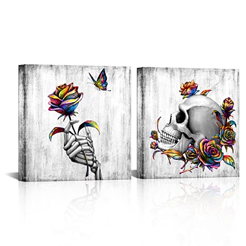 Klvos Skull Wall Art Canvas Abstract Colorful Rose And Butterfly Skeleton Skull Art Painting Modern Poster Print Artwork For Living Room Bedroom Office 20X20Inchx2Pcs #TOP16