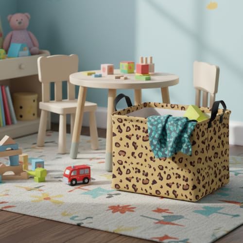 Image of Rectangular Cheetah Pattern Kids Basket Cute Storage Bin with Handles Room Decor (Khaki Leopard Print)