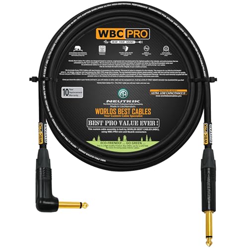 10 Foot - WBC-PRO-Guitar 20 AWG - Low-Cap (18pF/ft) Pro-Grade Graphite-Based - Dual-Shielded Guitar Bass Instrument Cable with Neutrik Straight to Angled Inch (6.35mm) Gold TS Connectors