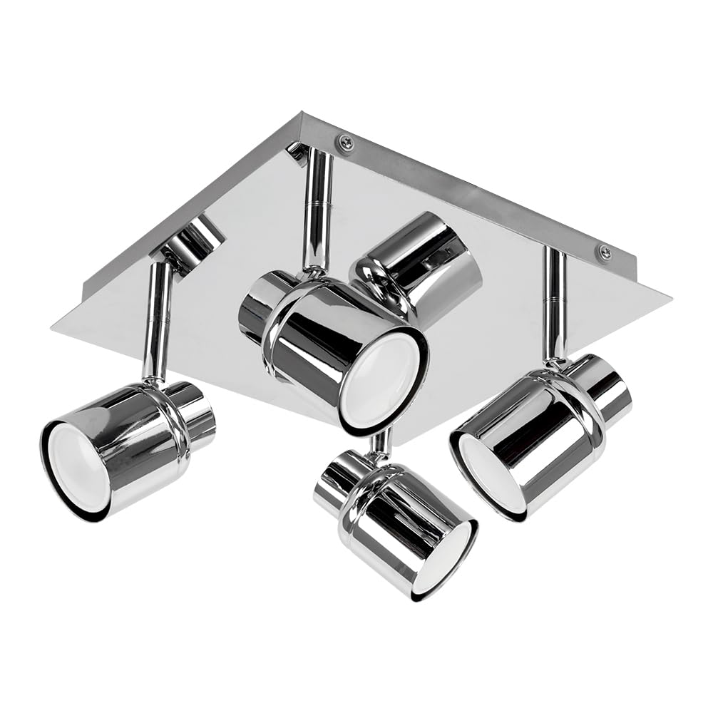 Minisun Chrome With Warm White Led Bulbs | Modern Polished Chrome Square Plate Adjustable Ip44 Bathroom 4 Way Ceiling Spotlight Complete With 4 X 5W Warm White Gu10 Led Bulbs | Bathroom, Home Décor Essential | Mains Wired
