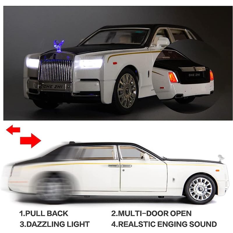 Image of Kids Model 1:24 Rolls-Royce Phantom Die Cast Metal Car Pull Back Action Opening Doors with Realistic Engine Sound Lights Toy Car Gift for Boys - White