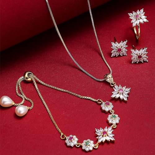 Image of ZENEME Jewellery Set for Women American Diamond Necklace Set with Earrings, Bracelet and Ring Jewellery for Girls and Women
