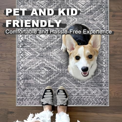 KILOCOCO Boho Kitchen Runner Rug 2x5 Washable Runner Rug Soft Runners for Hallways Non Slip Printed Distressed Laundry Room Rugs, Low-Pile Runners for Entryway Bedroom Living Room, Grey