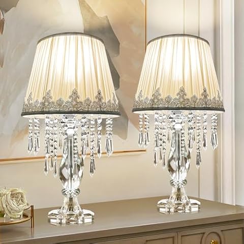 Siljoy Crystal Table Lamp Set of 2, Dimmable Bedside Lamp with Fabric Shades, Farmhouse Nightstand Lamps with K9 Crystal Strands for Living Room Bedroom 22.8 High Cover