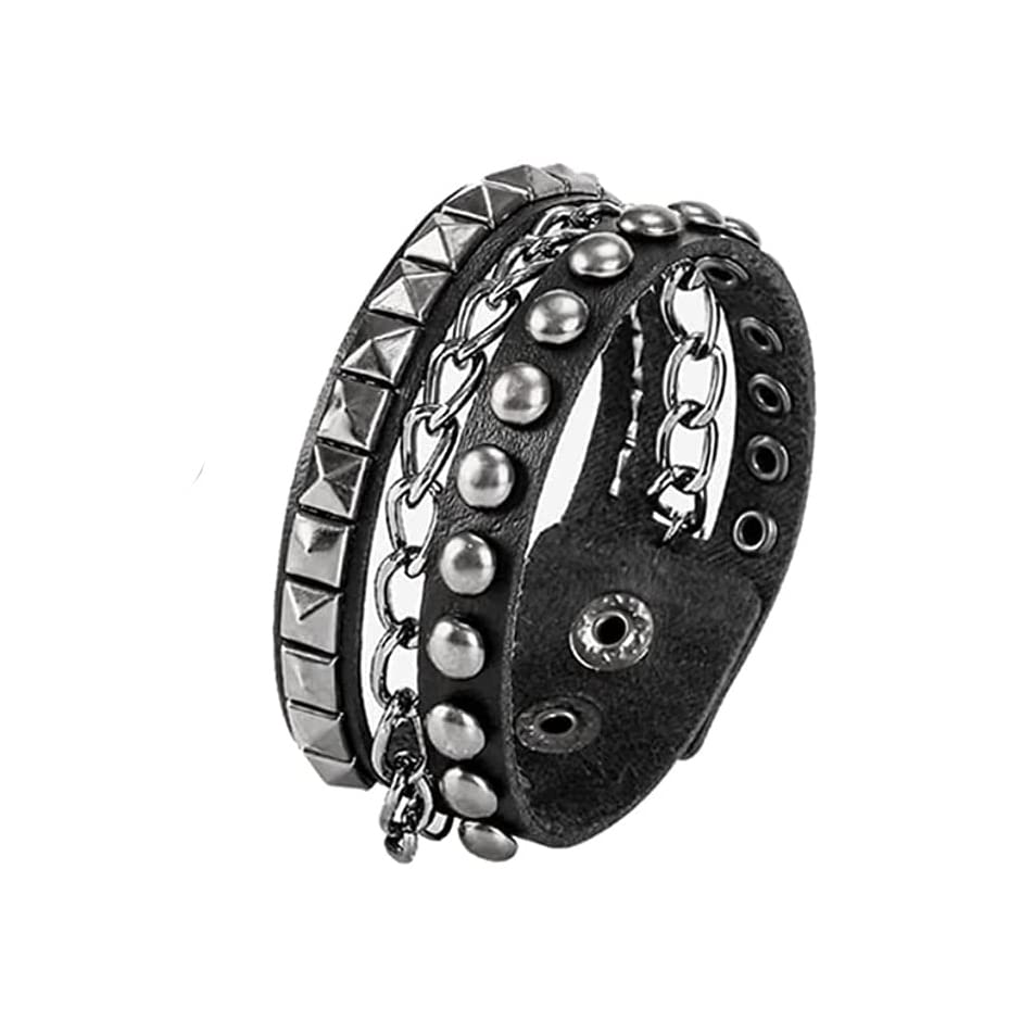YWMAN 2 PCS Punk Leather Cuff Bracelet - Retro Rock Rivet Wristband Wrap - Adjustable Spike Bracelet for Men Women3