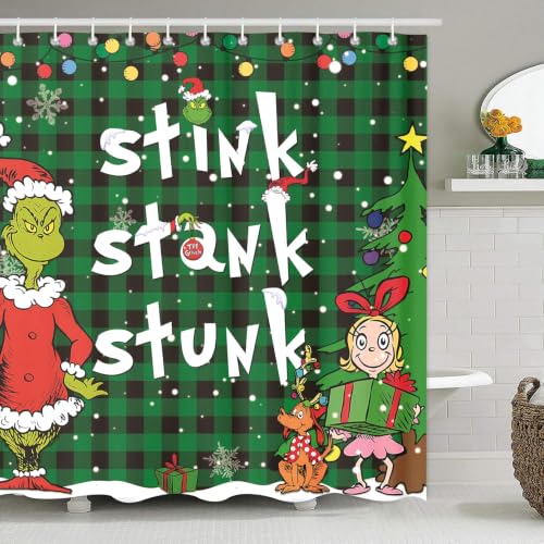 SHOCAWS Christmas Shower Curtain 72x72 Inches - Polyester Fabric with Weighted Hem Design, Includes 12 Hooks, Xmas Holiday Bathroom Decor