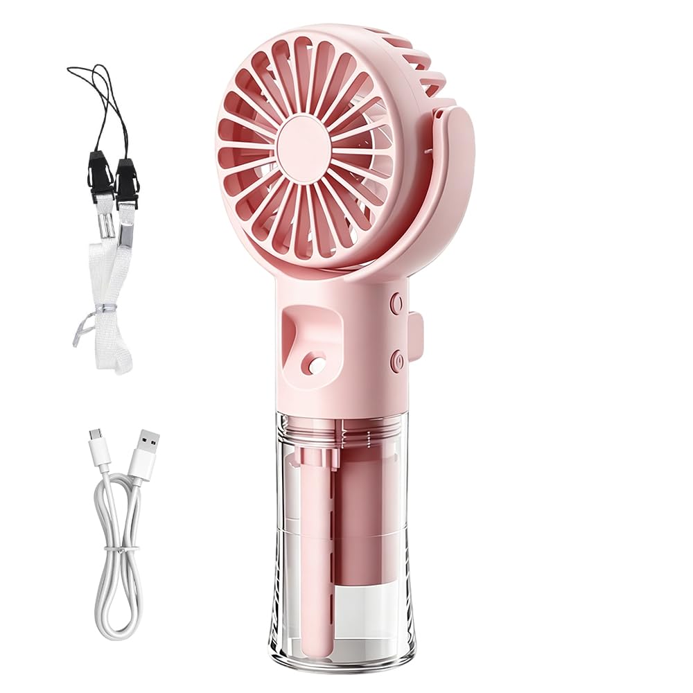 XEERUN Portable Handheld Fan, Mini Handheld Fan with Humidifier Mist, 4 Speeds, Ultra Quite, Lightweight Rechargeable USB Fan, Up to 10H, Outdoor Travel Essentials, for Women Girls (Pink)