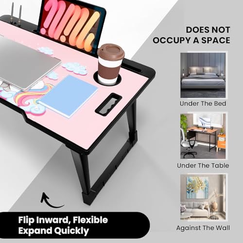 Image of Foldable Wooden Mini Laptop Table for Bed, Study Table with Drawer, Tablet /Mobile Holder for Kids & Adults (STD UK)