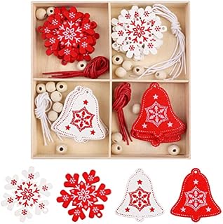 Box of 20 Wooden Christmas Tree Decoration, Christmas Hanging Pendant DIY Ornaments for Xmas Wedding Party Decor (Red/White Bell/Snowflake)