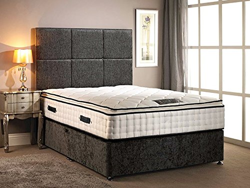 Somnior Beds Divan Bed in chenille fabric with High Pillow top 30cm Deep mattress with headboard in different size variation (Charcoal, 4FT6 DOUBLE)