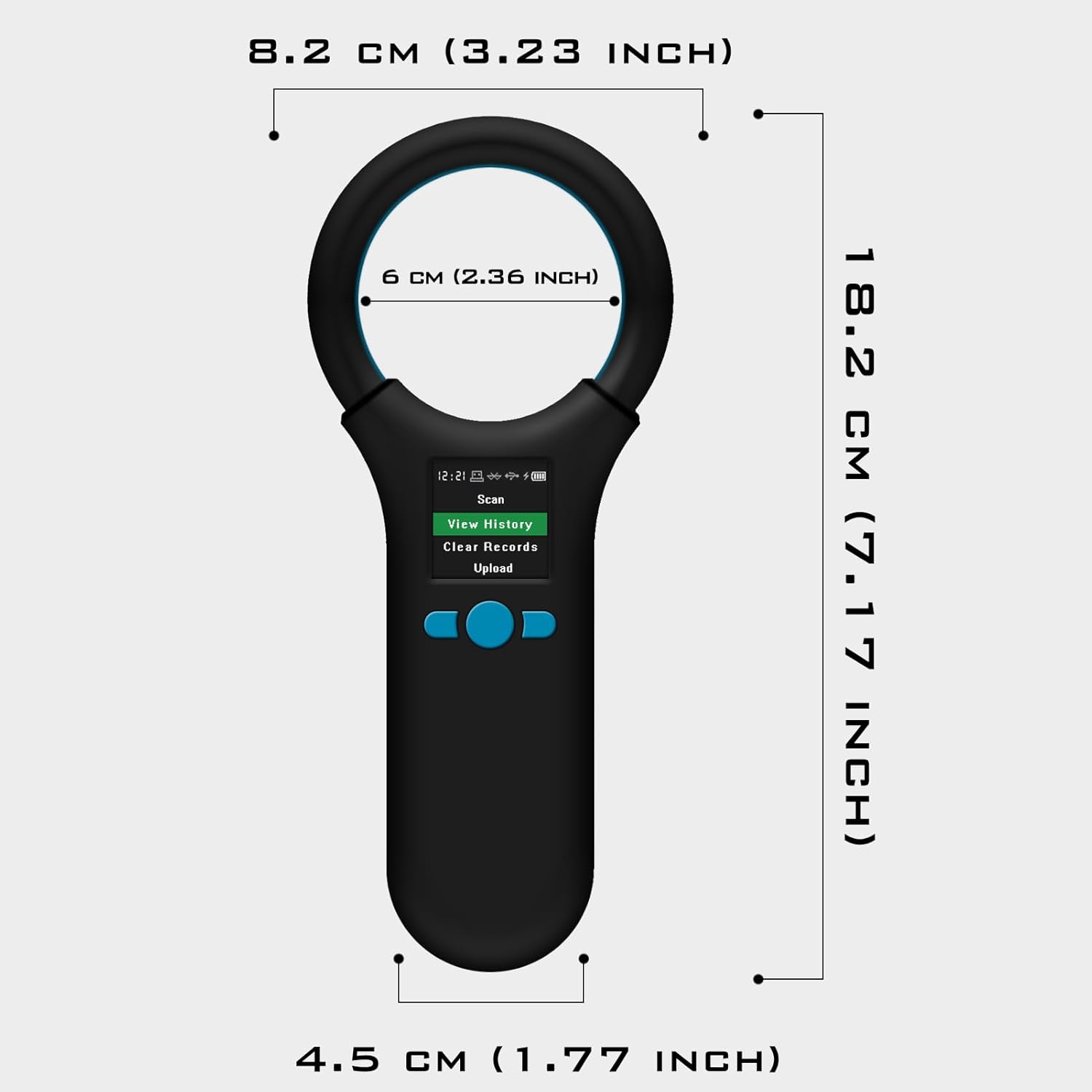 Diagram showing the dimensions of the Smoostart microchip scanner: 18.2 cm (7.17 inch) length, 8.2 cm (3.23 inch) width, and 4.5 cm (1.77 inch) handle width.
