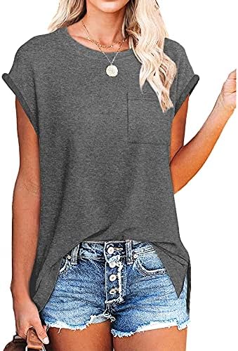ELIY BASIC Women's Summer Cap Sleeve T Shirts Loose Fit Solid Color Basic Tees Side Split Shirt Tops with Pocket A-Grey